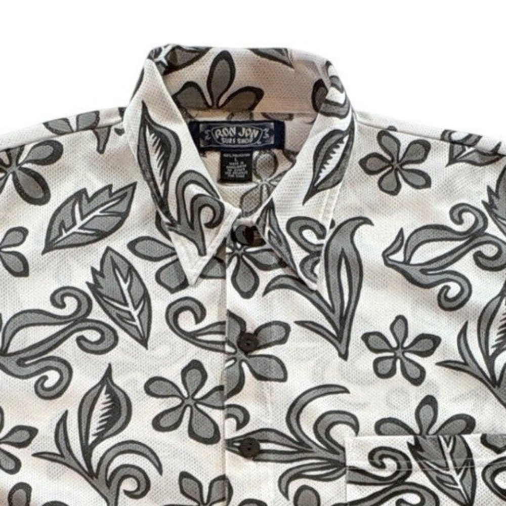 Ron Jon Surf Shop Button Down Shirt Mens L White Gray Tropical Mesh Surf Wear